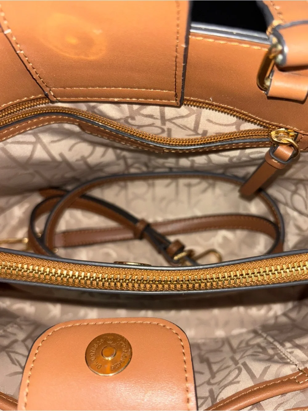 🥥Calvin Klein Brown Monogram Satchel with Tan Trim